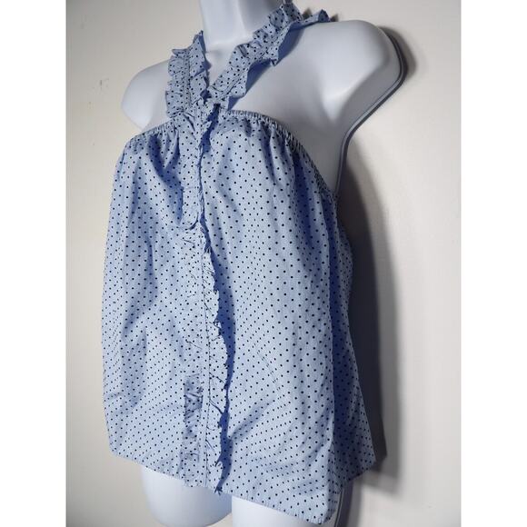 Waverly Grey Tank Top Small Ruffle Blue Grid Plaid Polka Dot Cottage Core - Picture 3 of 11